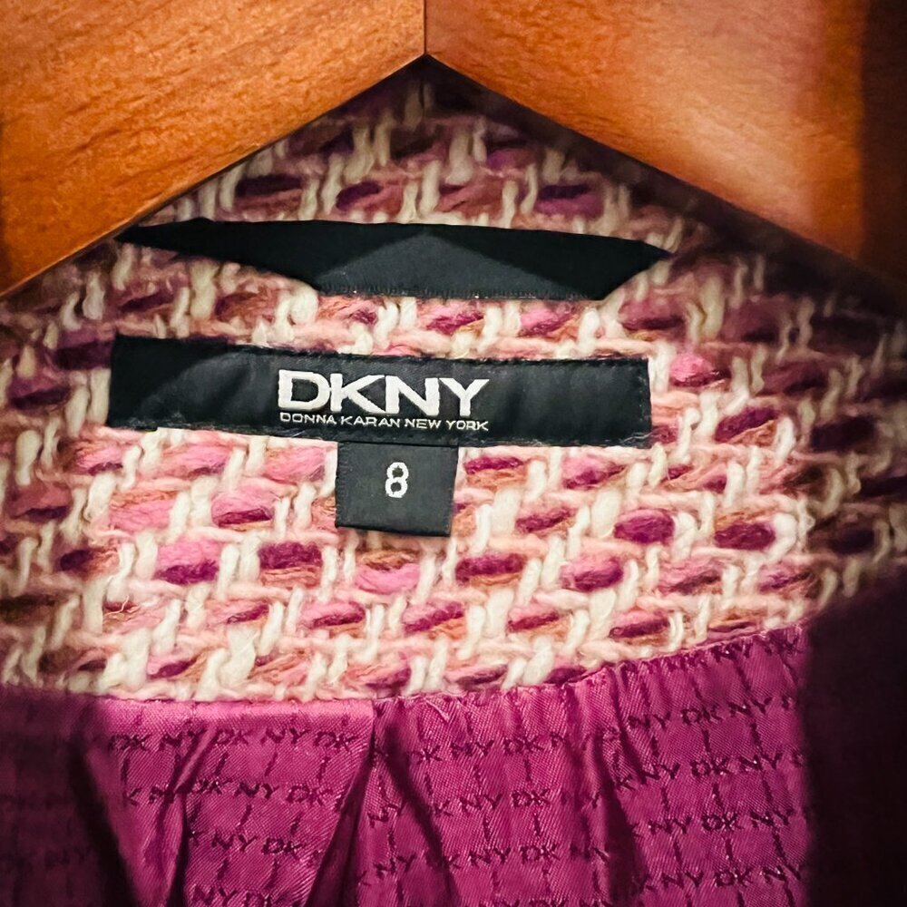 DKNY Ladies Women's Vintage Pink Tweed Over Coat Size 8 Medium Jacket - Picture 11 of 16